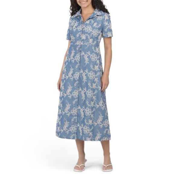 LA PICCOLA CREATIVA Denim Made In Italy Short Sleeve Embroidered Maxi Dress - Picture 1 of 2